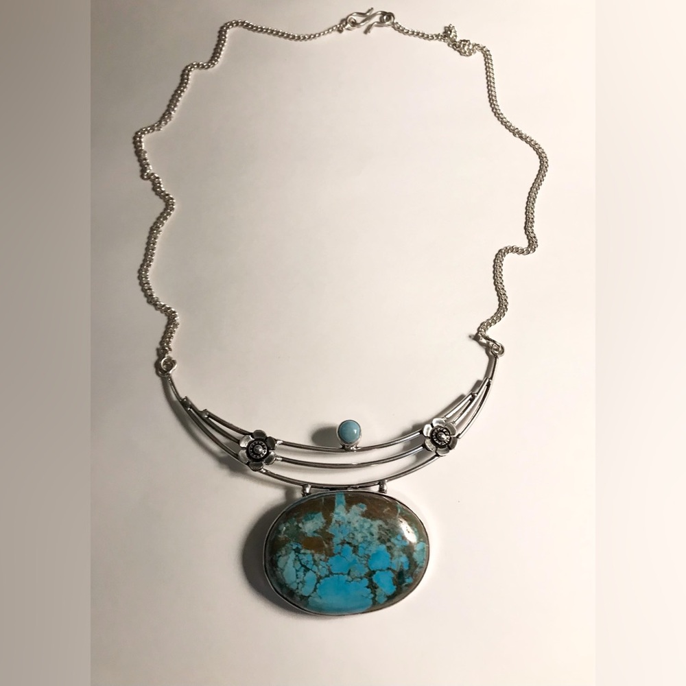 Turquoise Stamped Solid 925 Sterling Silver Necklace